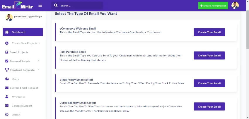 EmailWritr offers a variety of email types